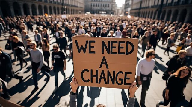 Dense crowd of people marching outdoors, holding a sign that says "WE NEED A CHANGE.