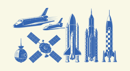 Space Exploration Vector Set with Shuttles Rockets Satellites and Probes in Blue Vintage Style © Bilkis Islam