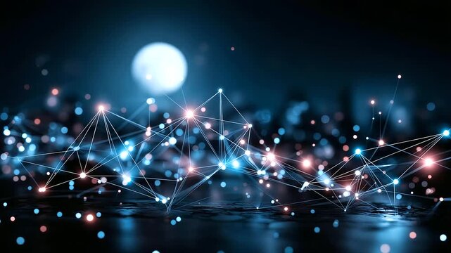 Glowing digital nodes forming constellations across a dark surface, moon as a symbolic control hub, sci-fi data visualization, abstract technology, defocused atmosphere, with copy