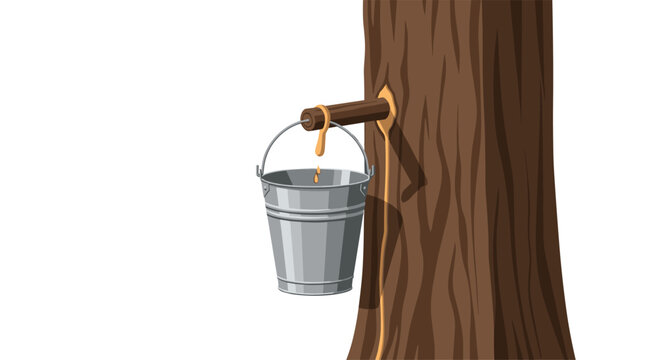 A silver metallic pail hangs from a wooden spile inserted into a brown tree trunk, collecting a single drop of amber sap on a white background.