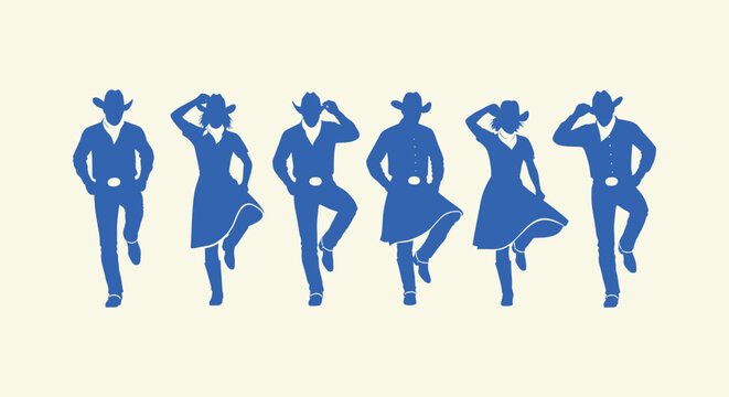 Group of cowboy and cowgirl silhouettes performing country western line dance in traditional gear