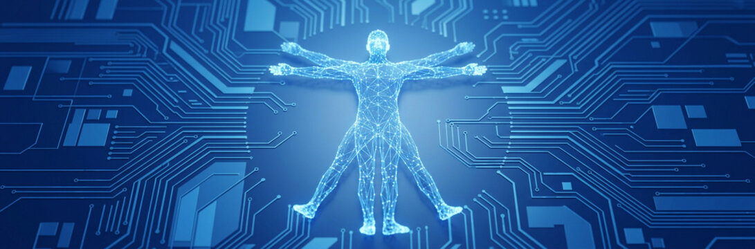 Glowing blue wireframe human figure on a circuit board background, symbolizing the integration of technology and biology, digital health, and artificial intelligence.