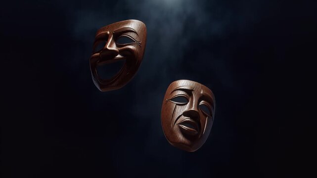 Theater masks representing comedy and tragedy floating in dark atmosphere.
