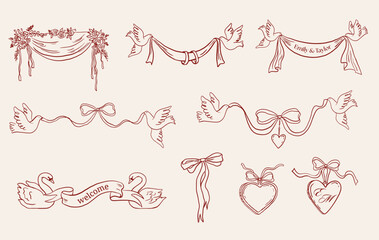 Wedding hand drawn whimsical drawings of curtains, drapes, ribbons and bows, Doves carrying banners and couple of swans. Romantic rustic illustrations © Marina Zlochin