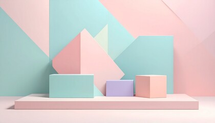 Fototapeta premium Minimalist pastel geometric shapes on shelf with soft gradient background