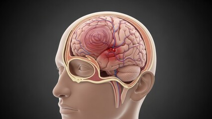 Obraz premium Traumatic brain injury, critical neurological damage, detailed human head cross section, internal cerebral hemorrhage, vital medical emergency, serious health implication,