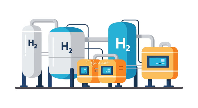 Illustration of a modern hydrogen production and storage facility with multiple tanks and processing units.