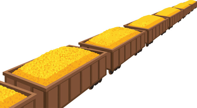 A long freight train composed of ten brown cars, each overflowing with golden-yellow grain, extends diagonally across a clean white backdrop.