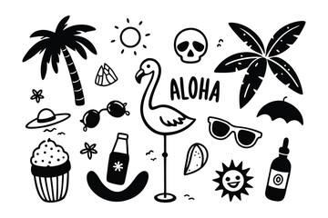Aloha Hawaiian Tropics Doodle Collection with Palm Trees, Flamingo, Sunglasses, and Sun Icons © Vector Studio