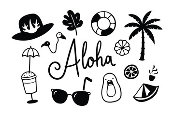 A charming collection of minimalist black and white hand-drawn tropical summer doodles, featuring vacation essentials and the word 'Aloha' © Vector Studio