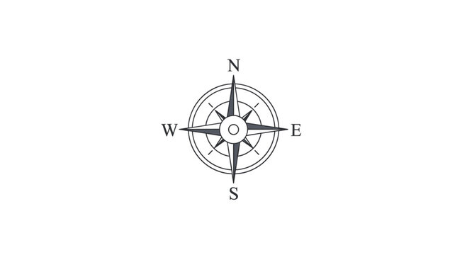 A simple, two-dimensional compass rose illustration, featuring prominent cardinal directions, is centered on a clean, expansive white background.