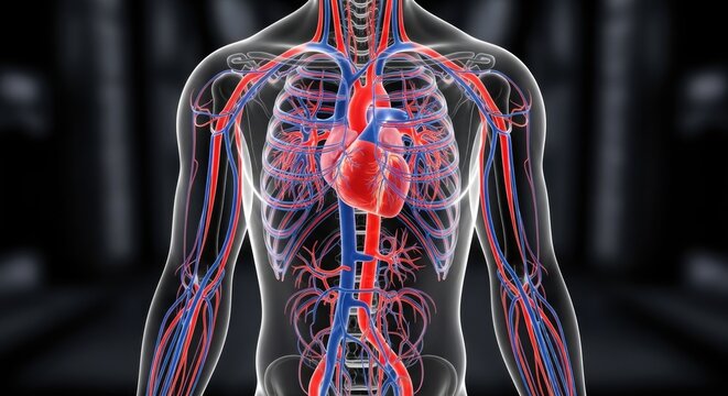 Human circulatory system anatomy, showing the heart and blood vessels, conveying concepts of cardiovascular health, disease prevention, and medical treatment support