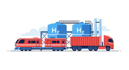 Illustration of a hydrogen fuel station with a train and truck for transportation and storage of hydrogen gas. © dawi wae