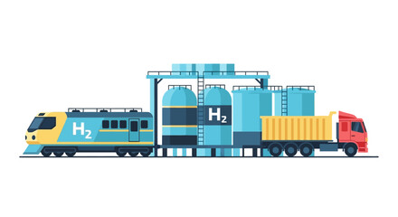Illustration of a hydrogen-powered train and truck at a refueling station with storage tanks. © dawi wae