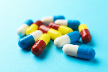 Pile of pills on light blue background, closeup