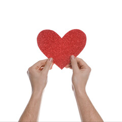 Man with decorative heart on white background, closeup