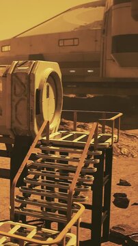 A staircase leads to a small station on the red planet. A transport vehicle is parked close by. The scene shows a Martian landscape under bright light, with rocks scattered around.