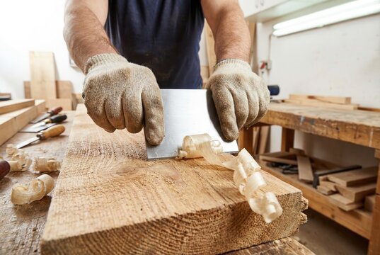 Carpenter using a metal hand scraper to smooth a rough wooden board on a workbench