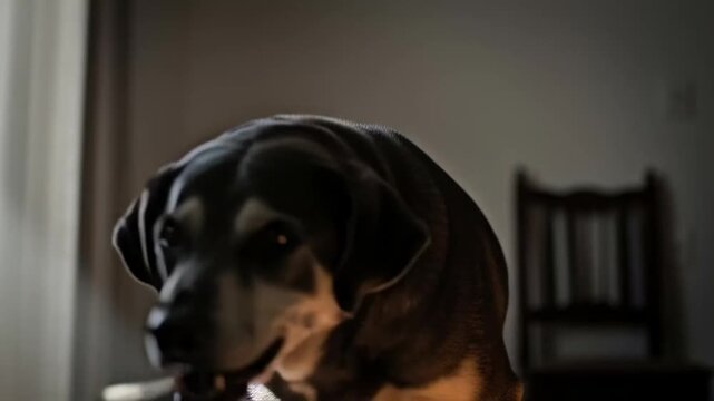 Dog resting near shoes indoors with dramatic lighting.
