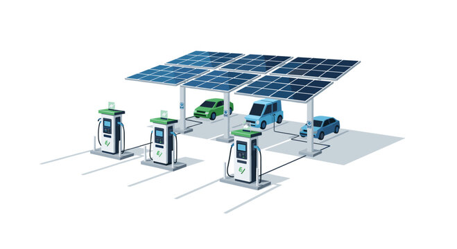 A large solar panel canopy with nine panels shades an electric vehicle charging station where three cars are connected to four charging points.