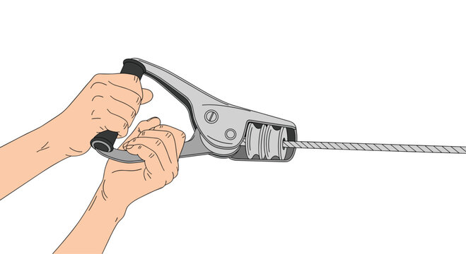 Two hands actively operate a grey mechanical rope tensioner with black handles, pulling a thick wire rope against a clean white background.