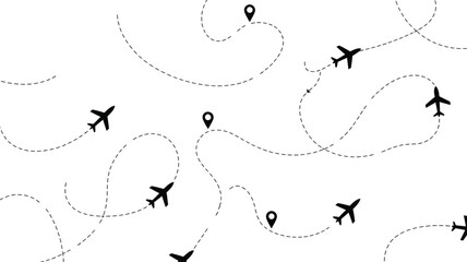 Fototapeta premium Airplane flight paths with map pins isolated on white background