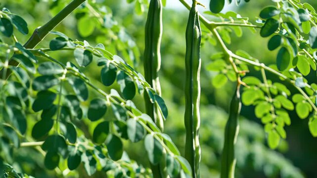 Moringa Oleifera Tree With Long Green Pods And Compound Leaves In A Lush Green Garden In Sunlight