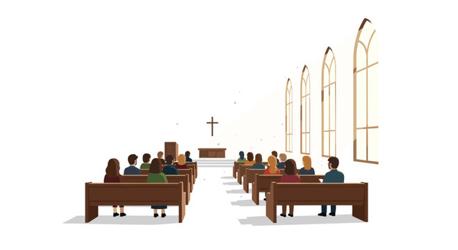 A diverse group of people are sparsely seated in light wooden pews, observing a distant altar with a cross inside a spacious church.