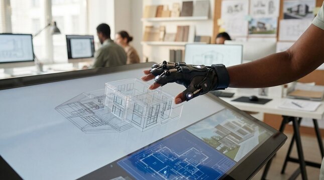 Architect using a futuristic haptic VR glove to interact with a 3D holographic building model in a modern office.