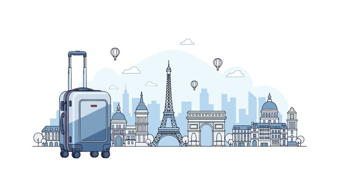 A light blue suitcase with a silver handle stands in the foreground against a detailed light blue outline illustration of the Paris skyline.