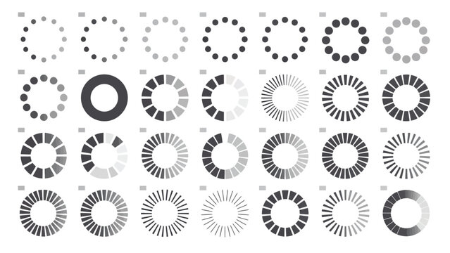 Set of black loading progress bar circles isolated on white background