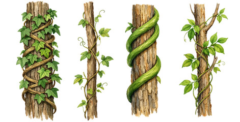 A charming watercolor collection of tree trunks wrapped with green climbing vines and ivy leaves for botanical forest illustrations and nature design. © liana