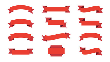 Collection of decorative red ribbon banners isolated on white background