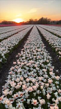 Netherlands vertical video of blooming white daffodils narcissus in long rows at sunset with leading lines to the horizon. Spring flower field landscape.