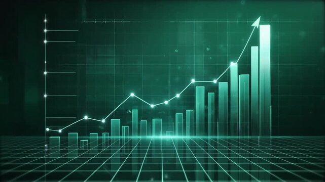 Aerial view of glowing green graph and chart on grid background, 4k video footage, motion graphics clip