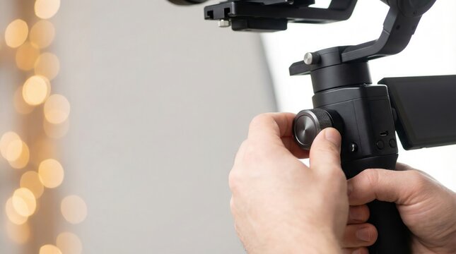Videographer adjusting the metal focus control knob on a black electronic camera gimbal stabilizer