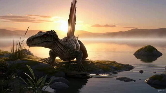 Dinosaur spinosaurus by water at sunset. Prehistoric animal on wetland. Ancient life and paleontology concept for educational content.
