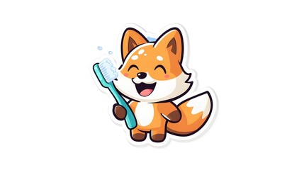 Obraz premium Cute Cartoon Fox Brushing Teeth with Toothbrush and Bubbles.