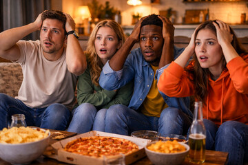 Anxious friends with hands on heads watching sports