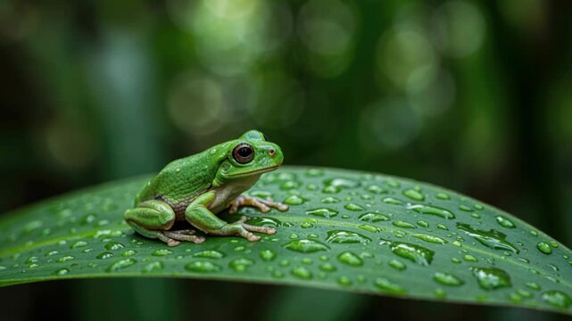 Frog on Leaf: A vivid green frog finds serenity perched atop a glistening, rain-kissed leaf, with the soft blur of the rainforest creating a natural and harmonious background.