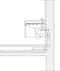 Fototapeta premium Technical plumbing cross-section drawing showing sink installation with drainage pipes, P-trap, water supply connections, wall and floor structure details.