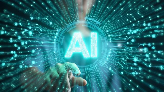 Glowing Artificial Intelligence AI illustration with digital circuit lines and human touch