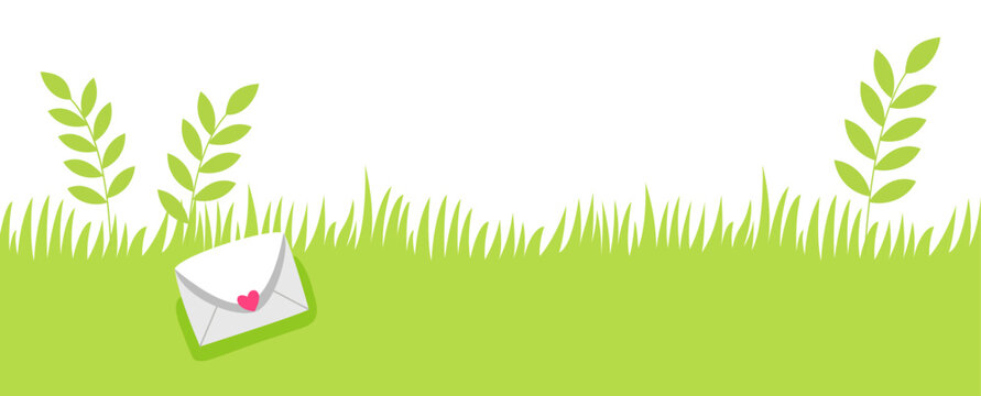 Letter and branch on grass. Spring nature illustration banner.