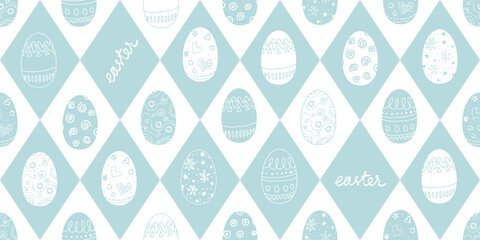 Seamless Easter pattern with decorated eggs and Easter lettering in diamond grid. Soft pastel blue tones ideal for wrapping paper, textiles and seasonal decor.
