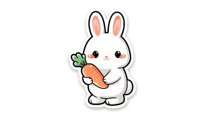 Fototapeta premium Cute cartoon white bunny holding a fresh carrot illustration.