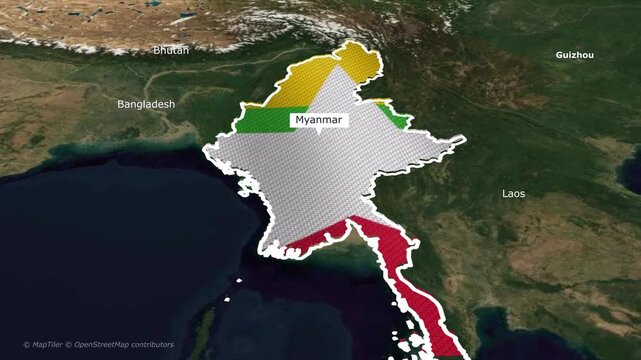 Myanmar Map Regions Colored in Yellow Green Red on Satellite Background