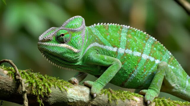A vibrant green Parson's chameleon rests on a branch. Its striking green scales and distinctive horn-like casque are clearly visible, as are its independently rotating eyes. Madagascar.