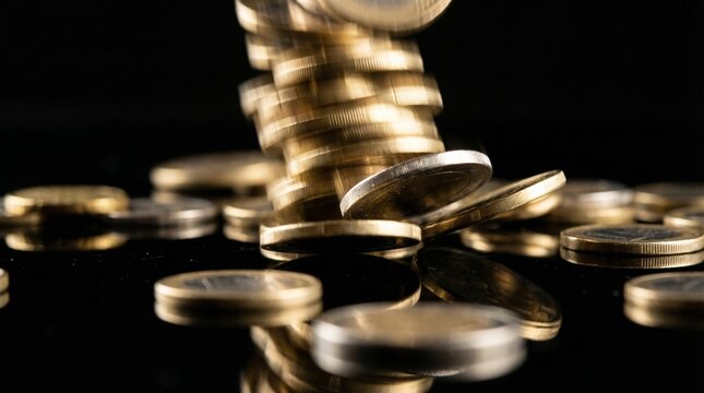 Dynamic motion blur of Euro coins falling onto a stack against a dark black background.
