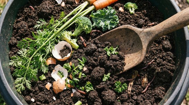 Organic compost soil mixed with crushed eggshells and natural biodegradable waste for fertilizer.