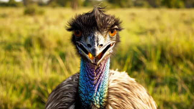 unusually beautiful and unusual emu ostrich looks at the camera with big eyes and a big mouth